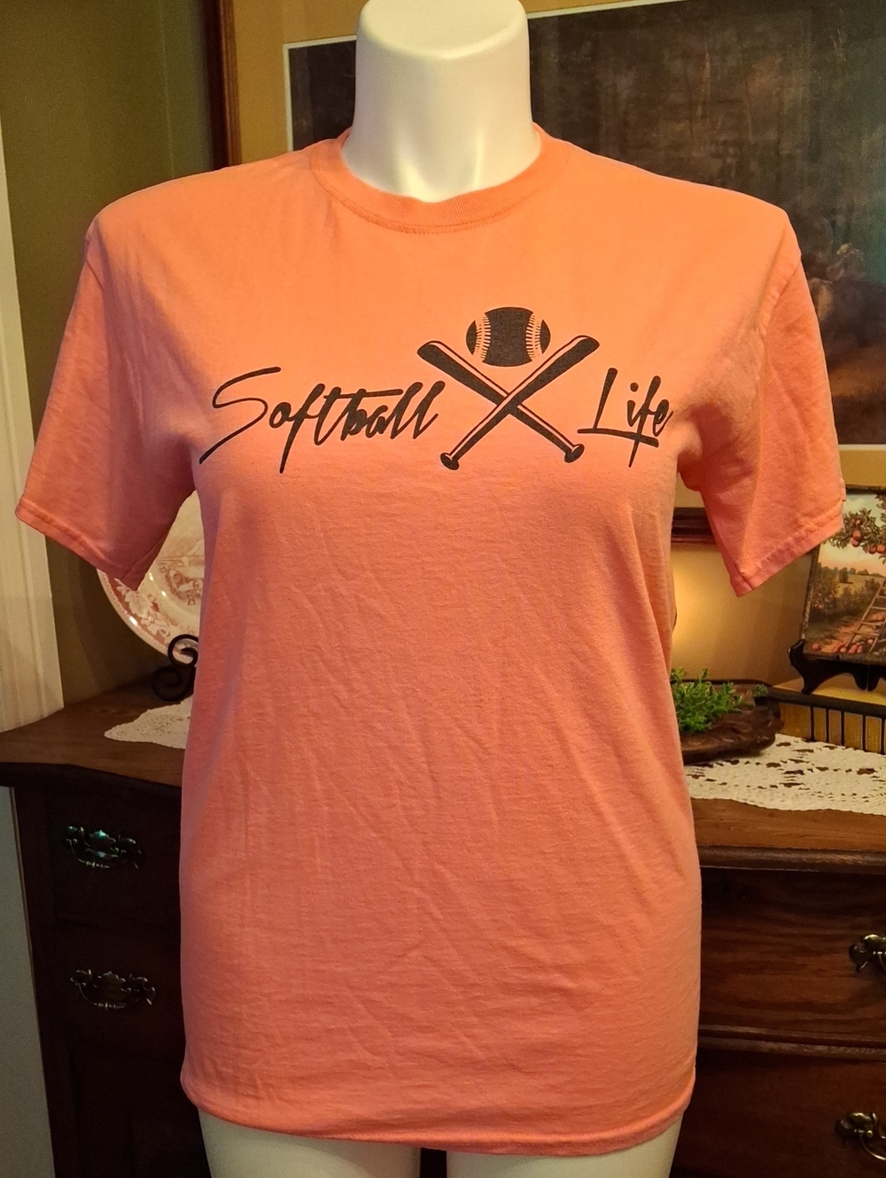 Gildan Bright Pink "Softball Life" Crewneck Tee with Black Graphic
